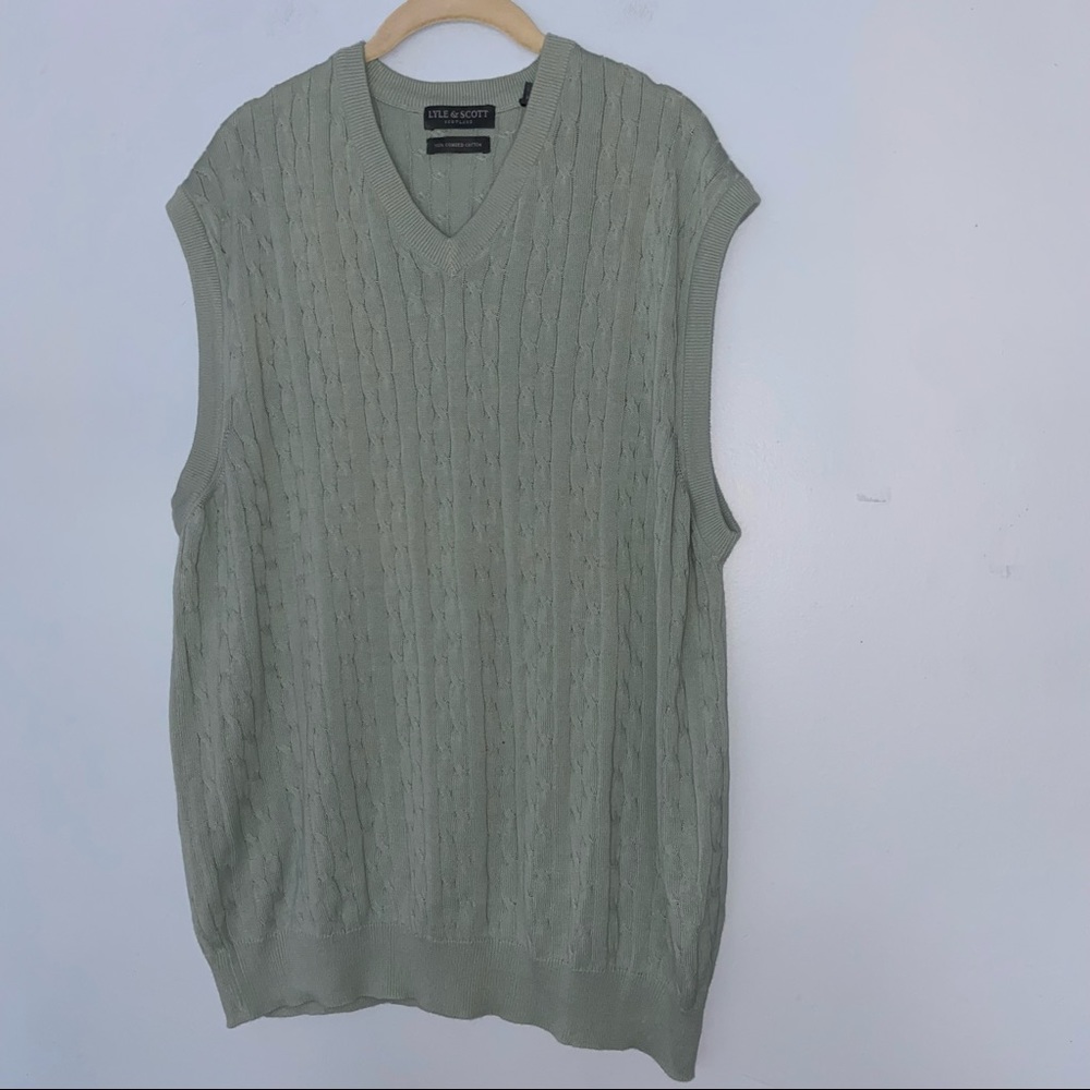 Lyle & Scott Sweater Vest XL Cable Knit Combed Cotton V Neck Men's Sage Green